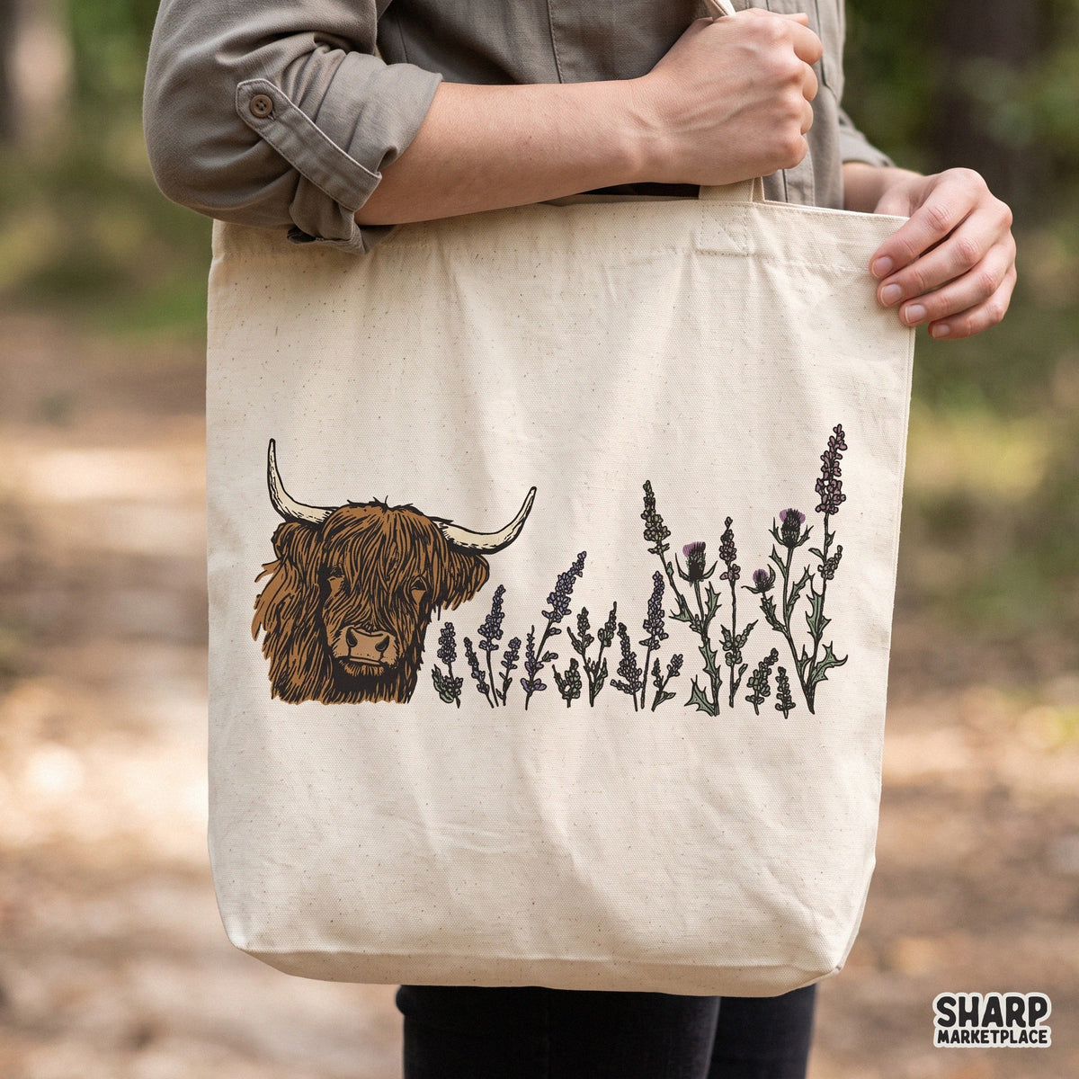 Boho highland cow png floral art with purple thistles ideal for western trendy shirts and sublimation