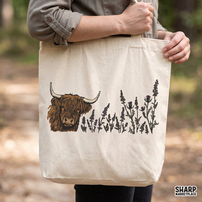 Boho highland cow png floral art with purple thistles ideal for western trendy shirts and sublimation