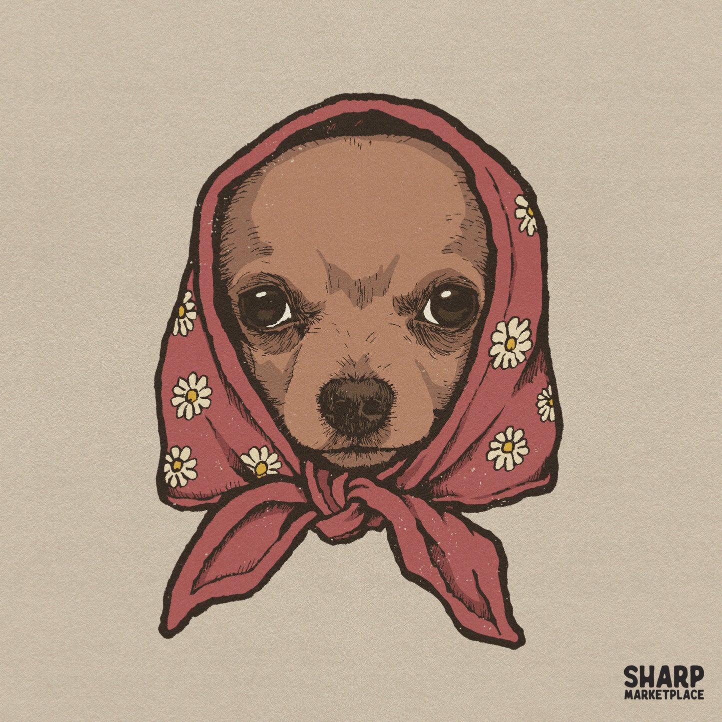 Cute grumpy chihuahua wearing a floral babushka headscarf y2k sublimation shirt design for dog lovers