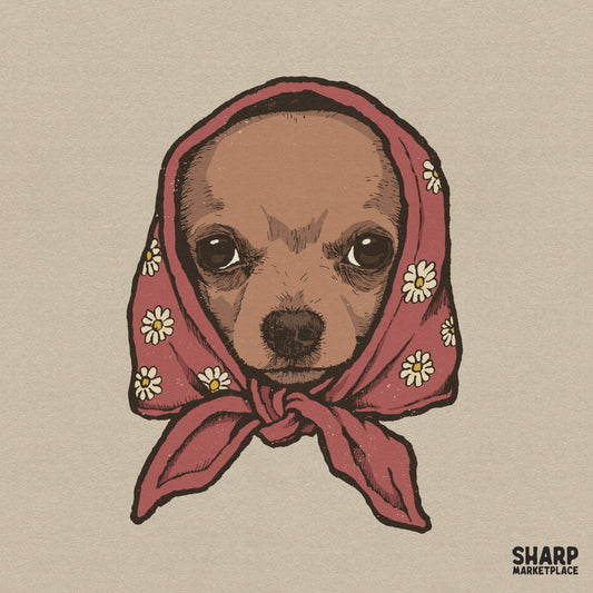 Cute grumpy chihuahua wearing a floral babushka headscarf y2k sublimation shirt design for dog lovers