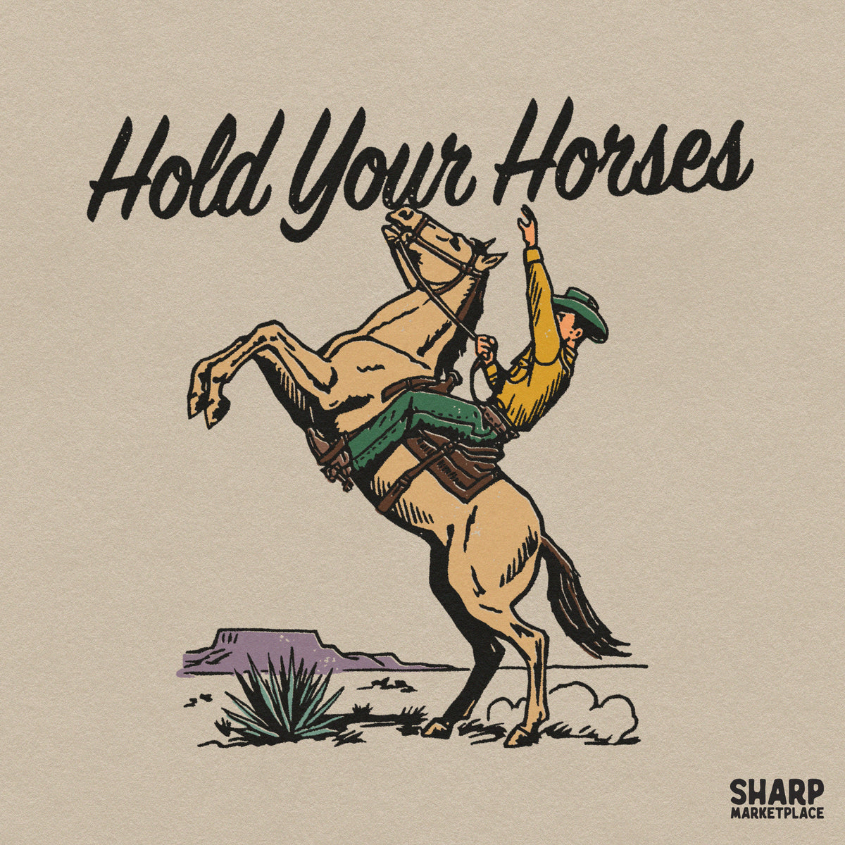 Hold Your Horses vintage western PNG graphic featuring a retro bucking bronco cowboy rodeo shirt sublimation design