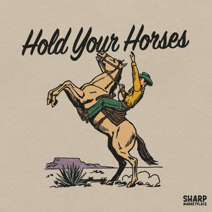 Hold Your Horses vintage western PNG graphic featuring a retro bucking bronco cowboy rodeo shirt sublimation design