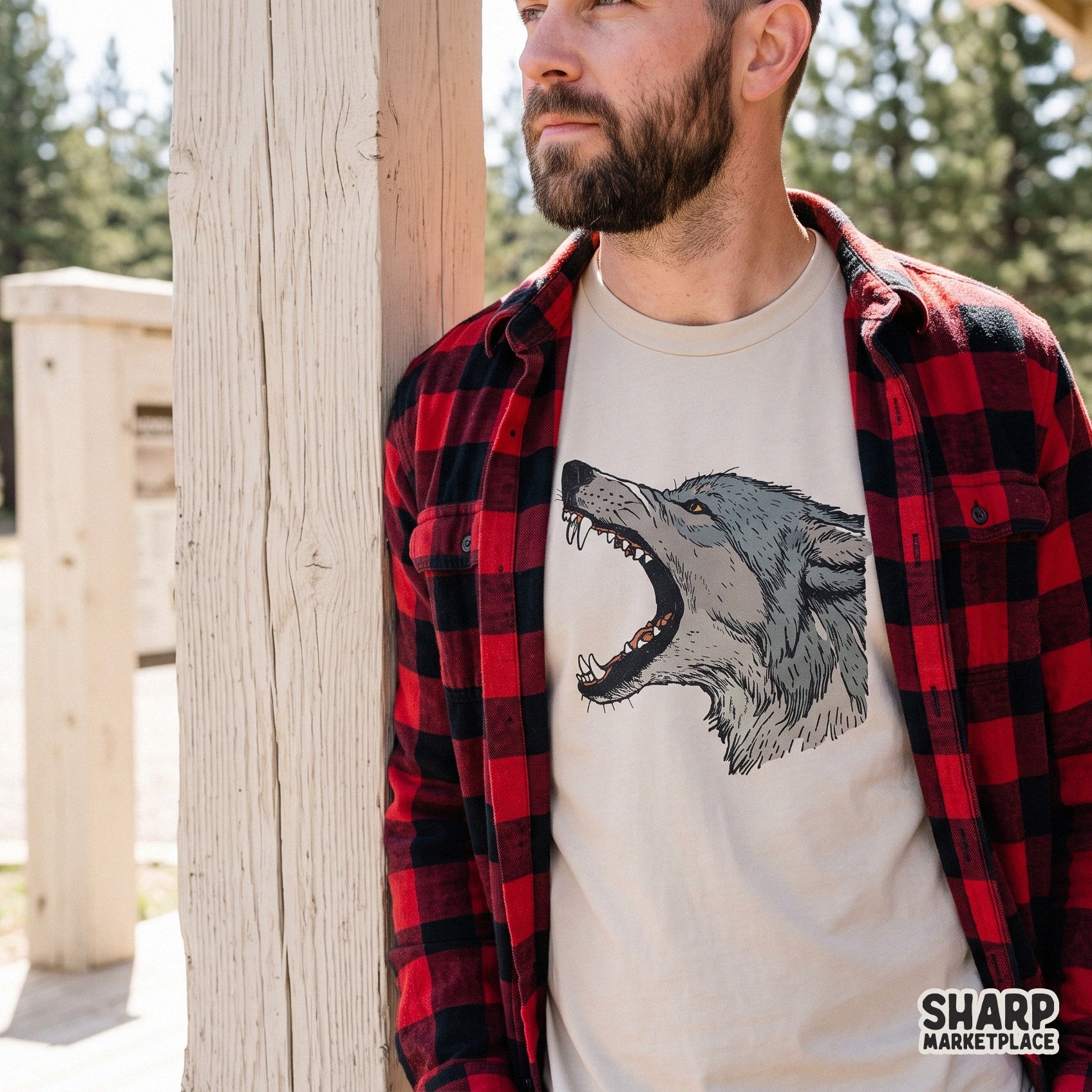 Growling wolf profile illustration in an edgy grunge style for trendy streetwear and animal lovers sublimation designs