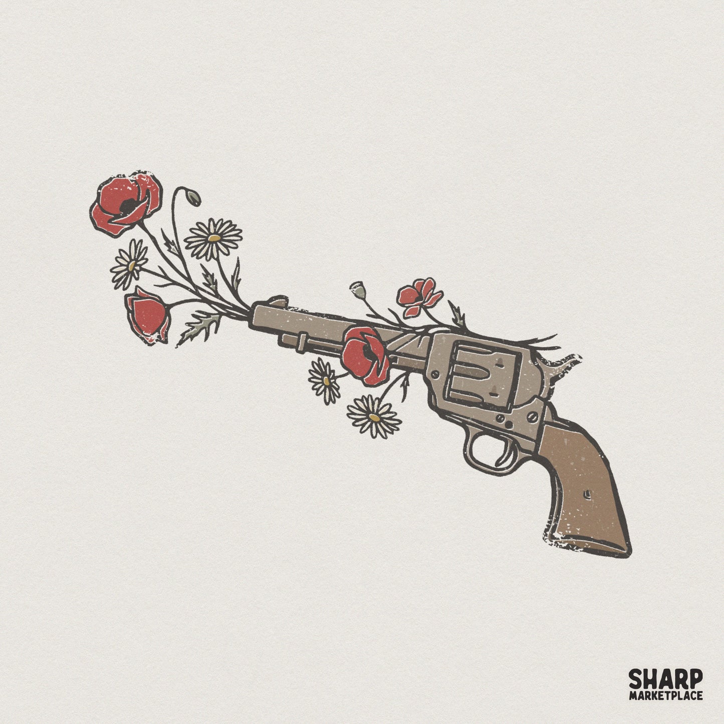 Boho Western Floral Gun PNG, Wildflower Pistol Design - 300 DPI Design