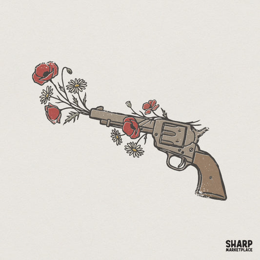Boho Western Floral Gun PNG, Wildflower Pistol Design - 300 DPI Design