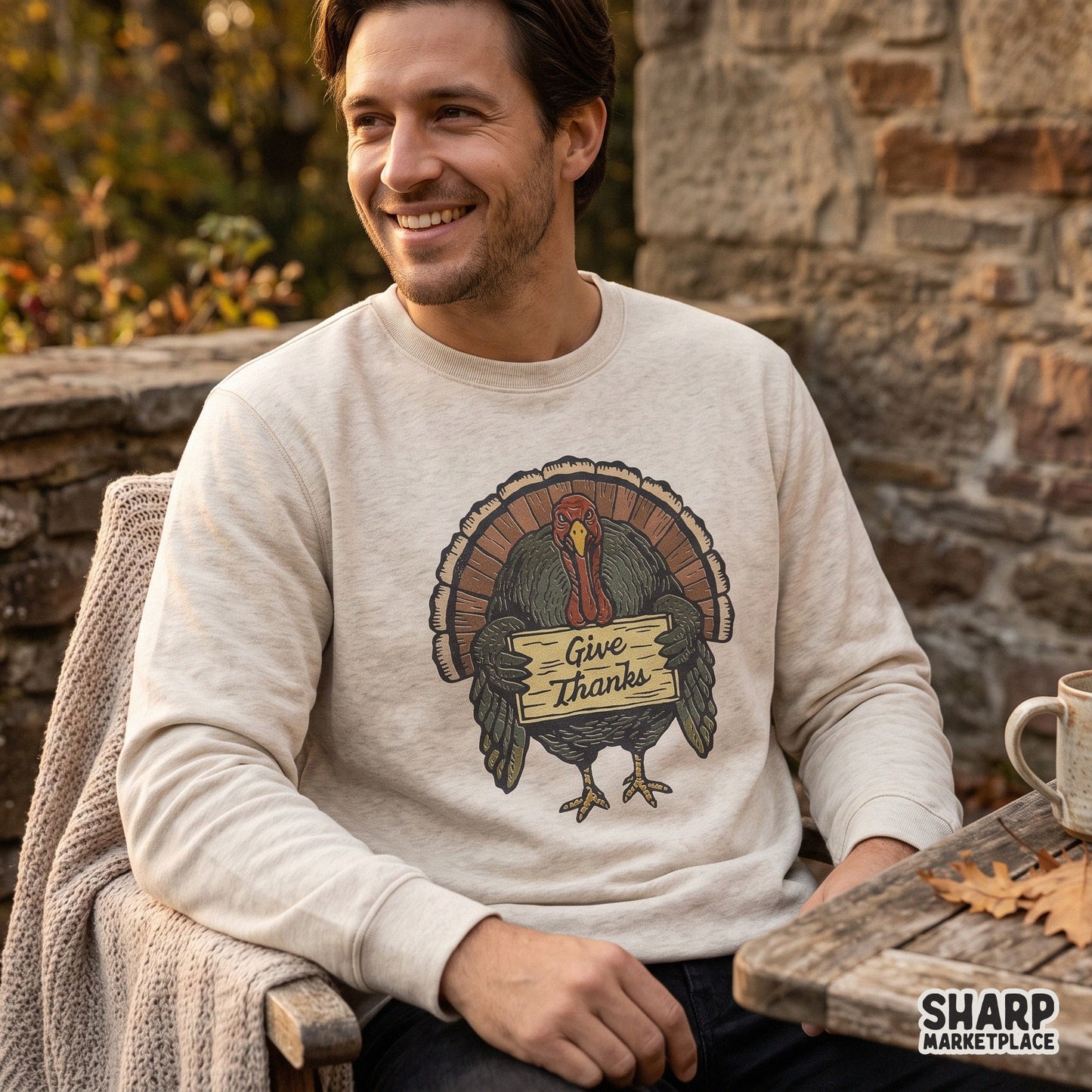 Retro retro fall harvest art featuring a funny turkey holding a give thanks sign for thanksgiving sublimation shirts