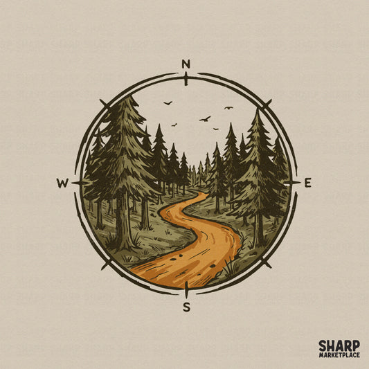 Vintage compass frame containing a winding forest trail through pine trees, rendered in earthy moss green and amber tones for outdoor apparel.