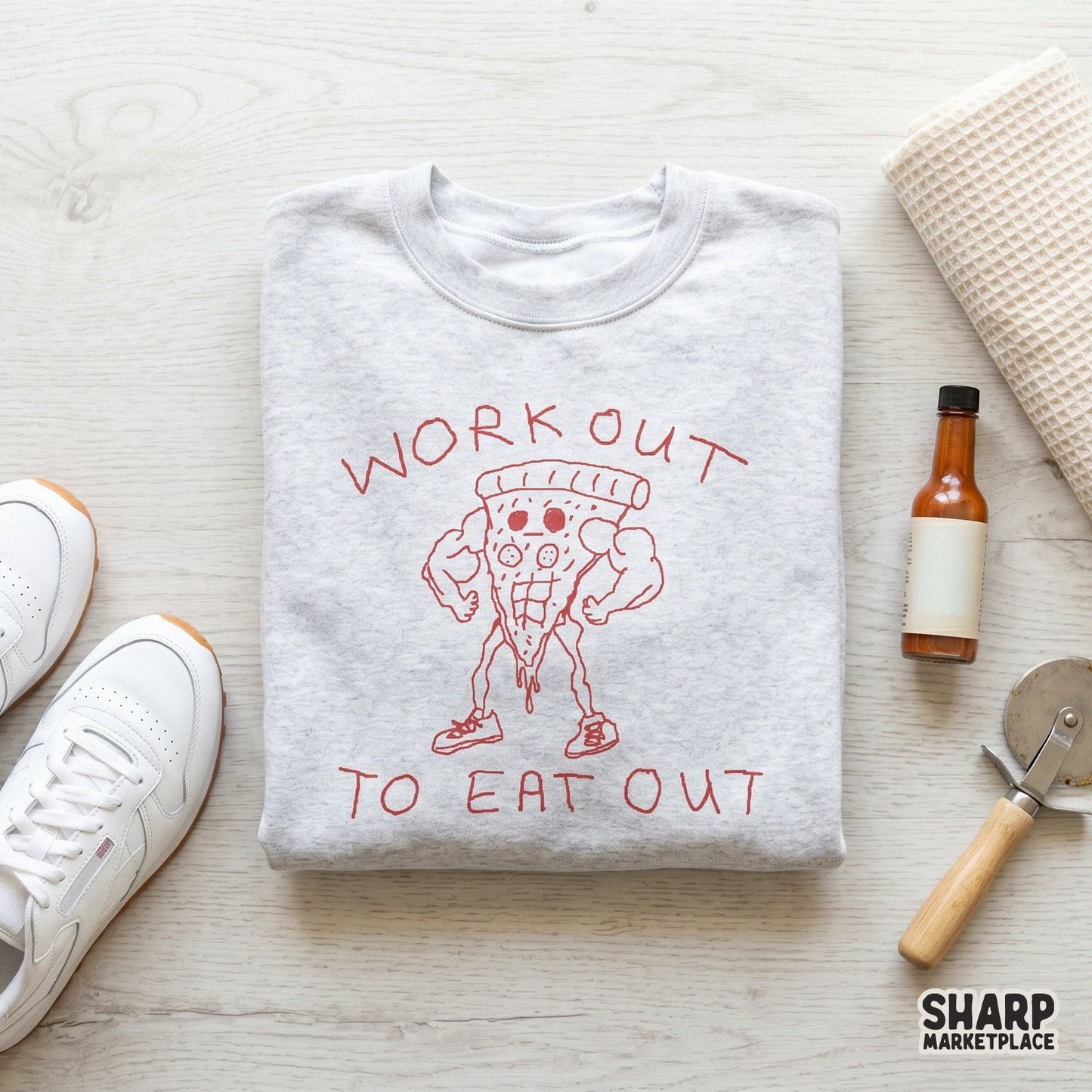 Whimsical illustration of a bodybuilder pizza slice with a deadpan expression and athletic shoes, perfect for funny gym-themed sublimation transfers.