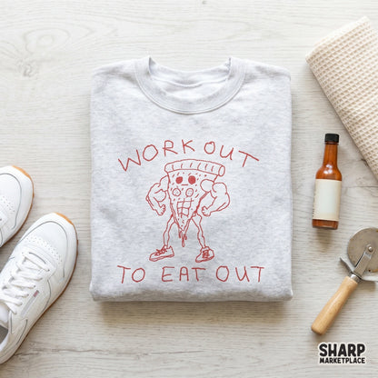 Whimsical illustration of a bodybuilder pizza slice with a deadpan expression and athletic shoes, perfect for funny gym-themed sublimation transfers.
