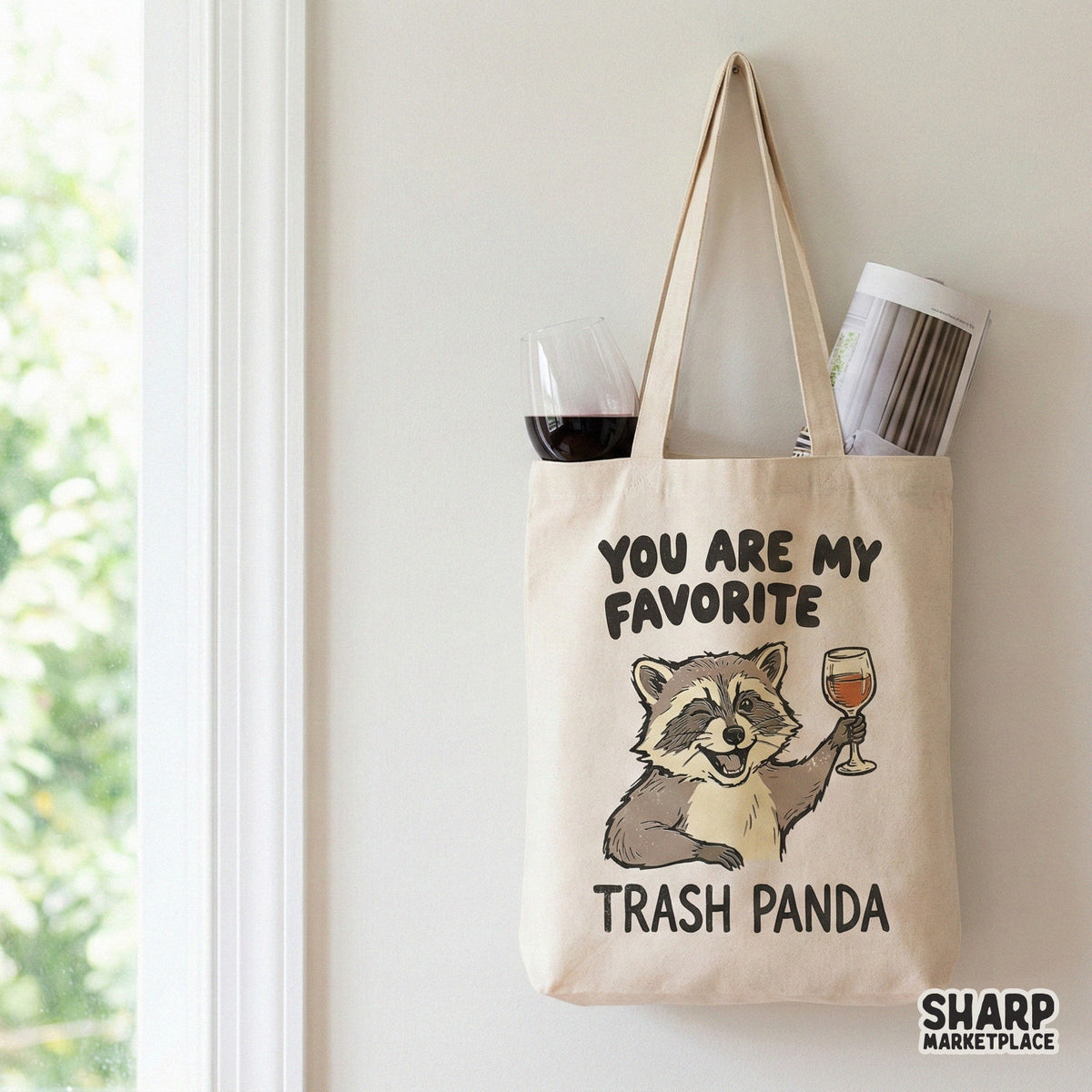 Vintage-inspired raccoon design holding a wine glass with bold typography, perfect for sublimation shirts, stickers, or wine-themed DIY projects.