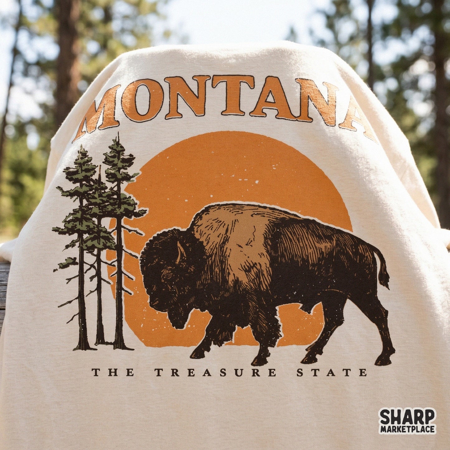 Vintage sunset design with a wild buffalo and pine trees for a western camping shirt sublimation png