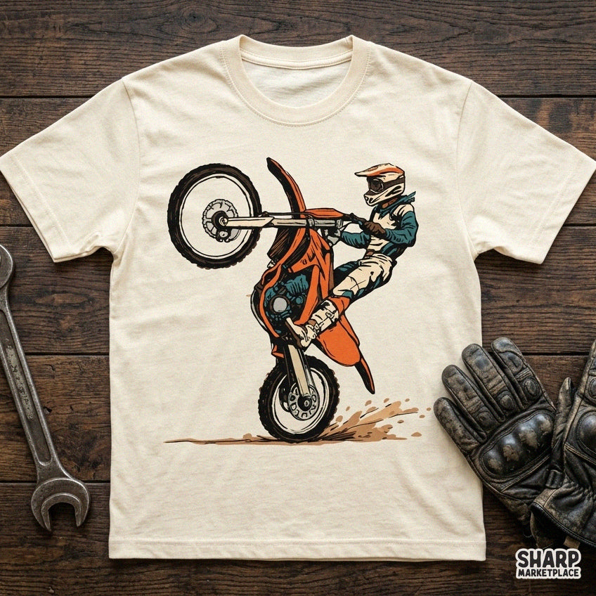Retro motocross dirt bike rider doing a wheelie stunt clipart, perfect PNG design for extreme sports t-shirts