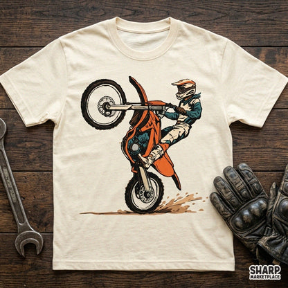 Retro motocross dirt bike rider doing a wheelie stunt clipart, perfect PNG design for extreme sports t-shirts