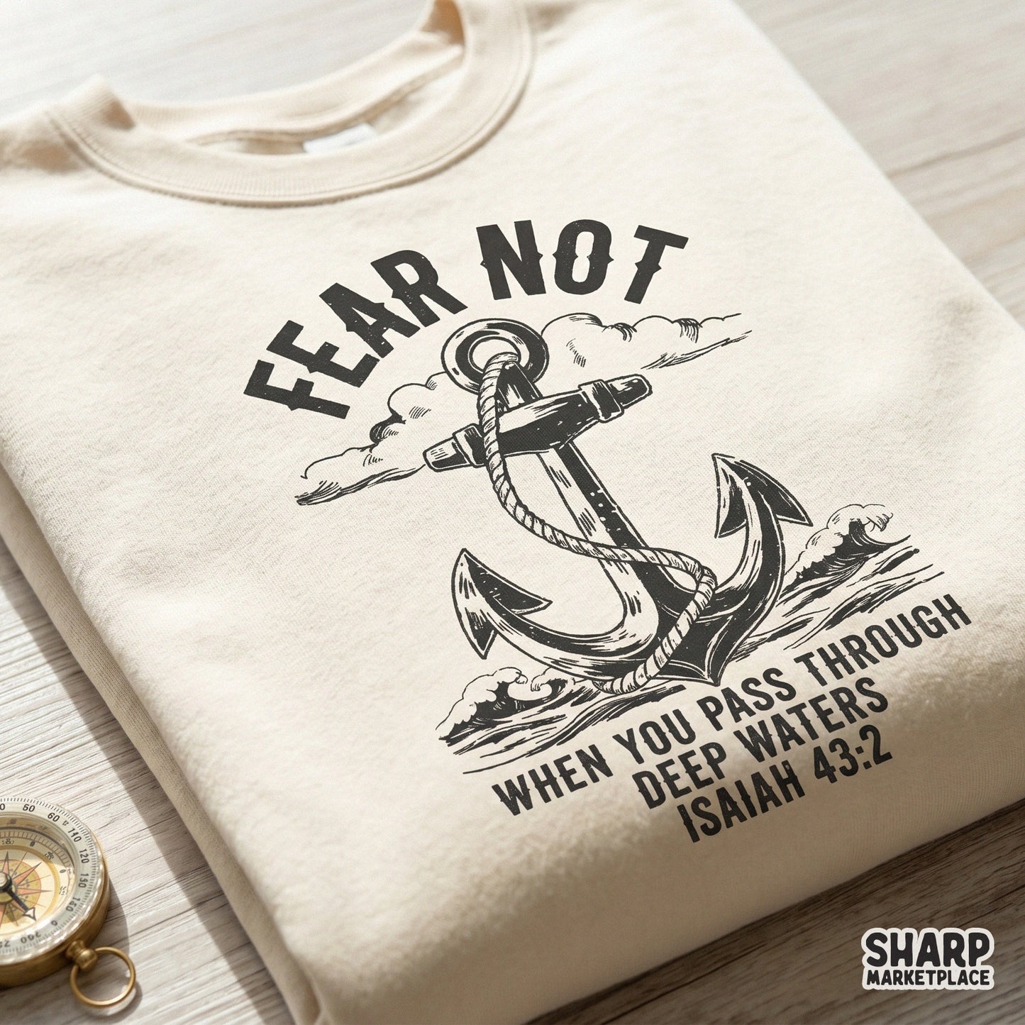 Retro Christian sublimation graphic with Isaiah 43:2 bible verse quote and anchor design for custom t-shirts