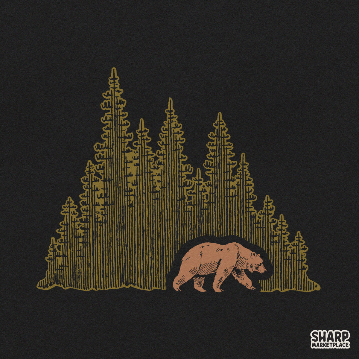 Wild bear silhouette walking through a pine tree forest for camping shirt sublimation PNG design