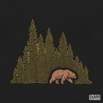 Wild bear silhouette walking through a pine tree forest for camping shirt sublimation PNG design