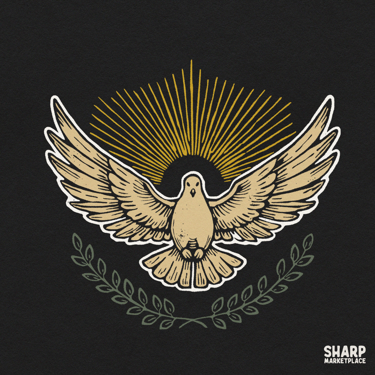 Flying dove with olive branch and sunburst halo, retro Christian PNG graphic for religious t-shirt design and prints