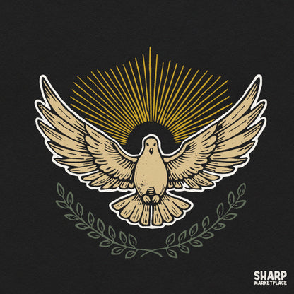 Flying dove with olive branch and sunburst halo, retro Christian PNG graphic for religious t-shirt design and prints