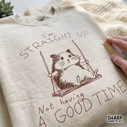 Minimalist hamster illustration on a swing with sarcastic typography, designed for trendy apparel, mugs, and stickers as a high-resolution transparent file.