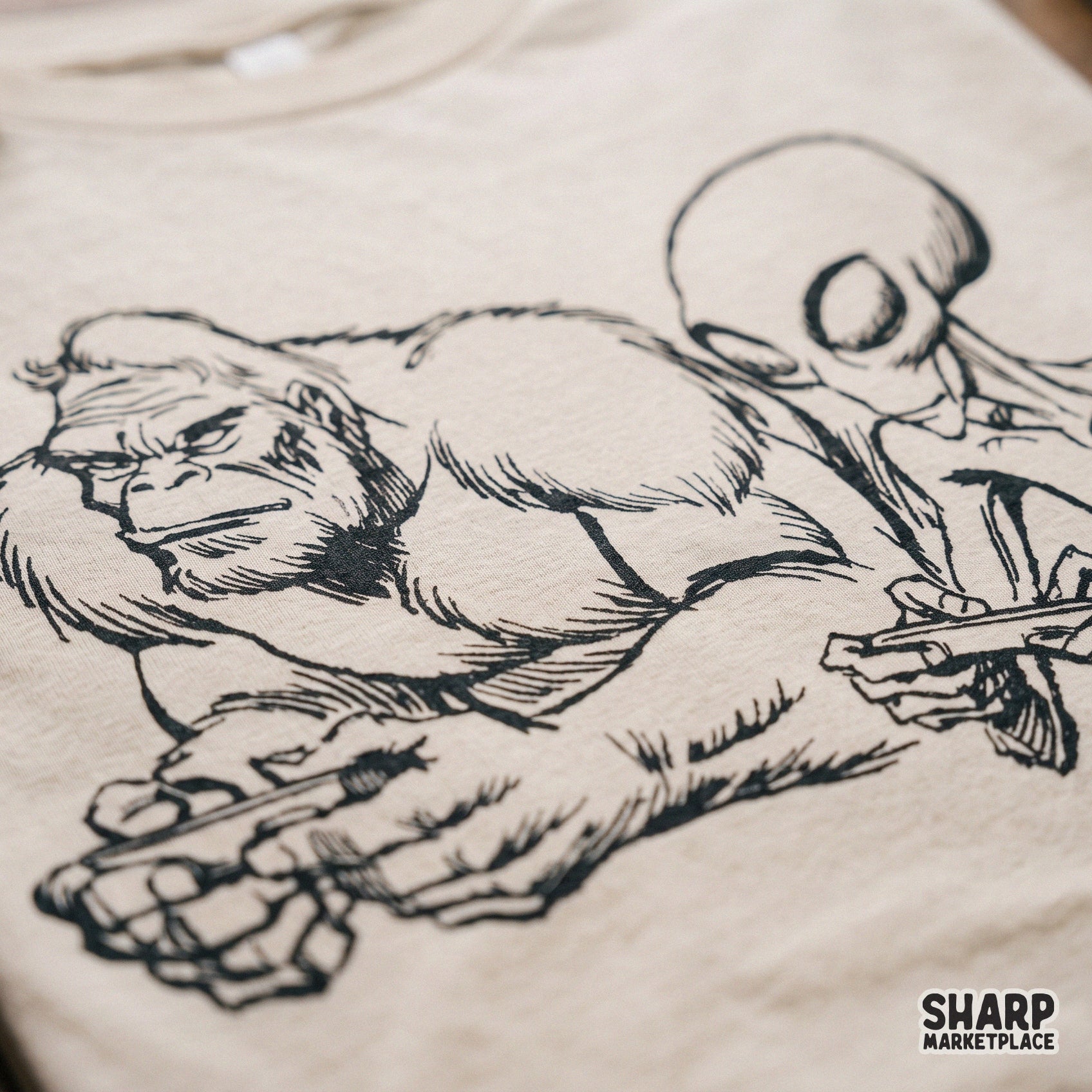 Retro vintage sketch of Bigfoot and an alien playing video games for funny gamer t-shirts and digital sublimation designs