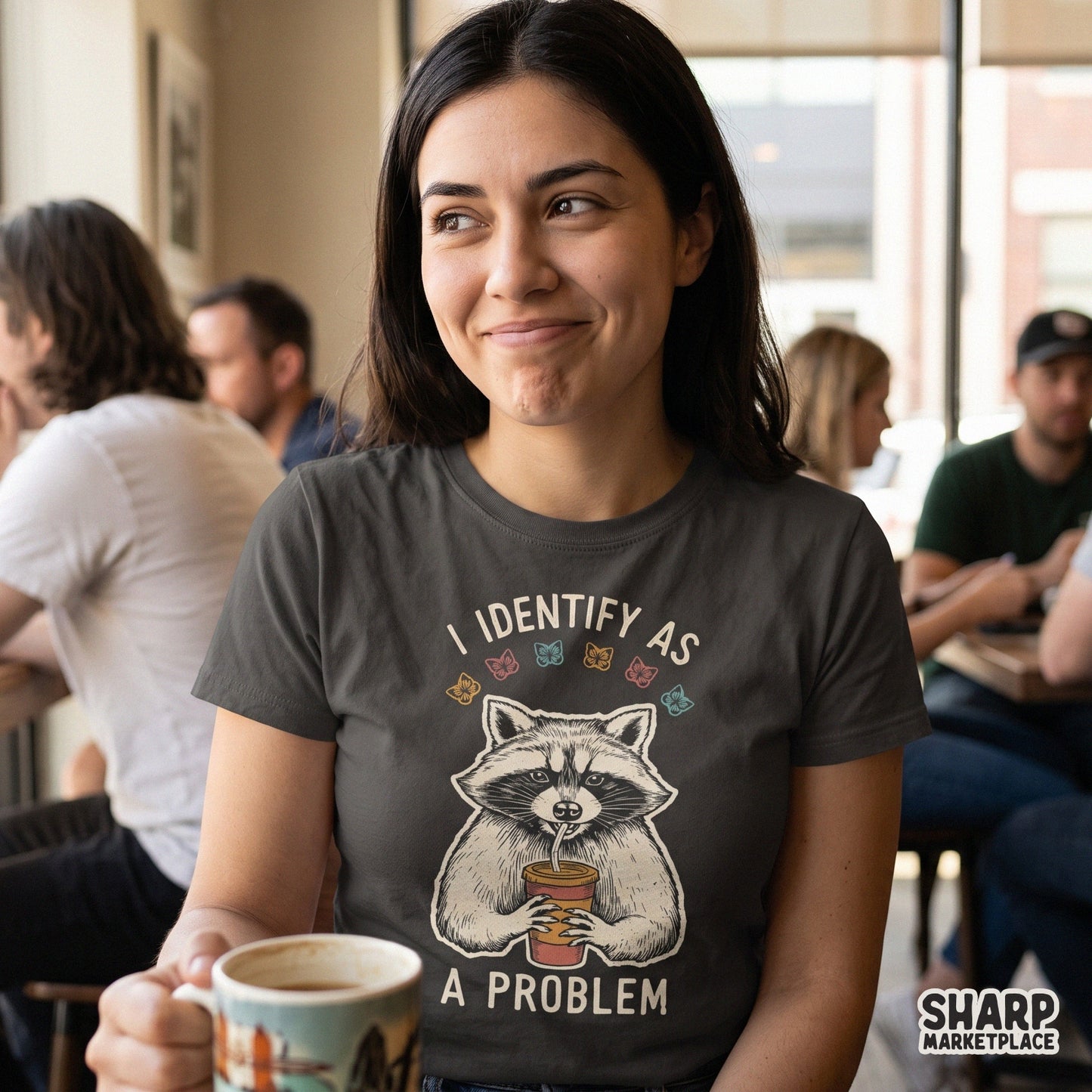 Sarcastic trash panda design with retro coffee and butterfly for sublimation shirts