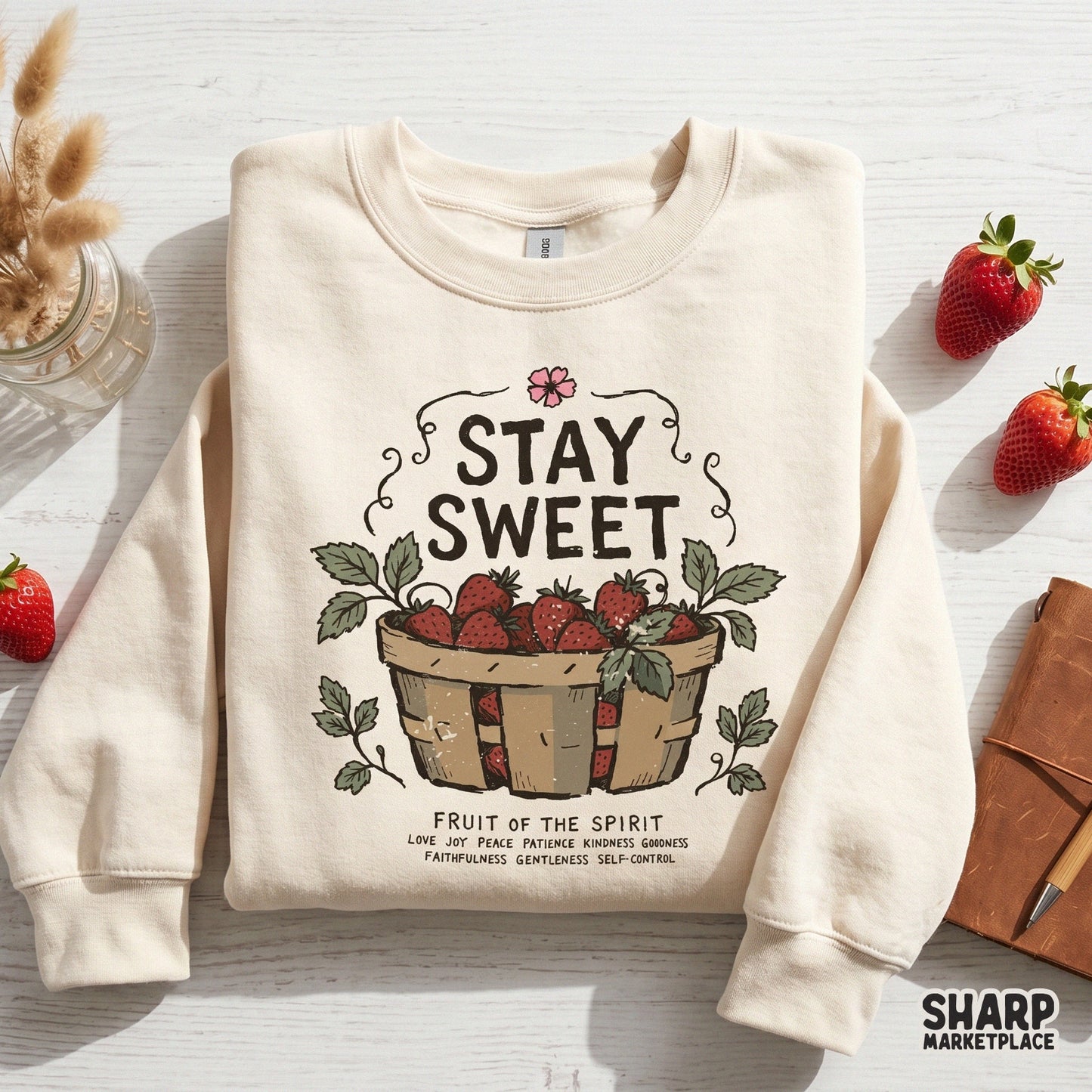 Faith-based sublimation graphic featuring a basket of ripe strawberries, delicate vines, and a list of virtues for religious-themed wall art.