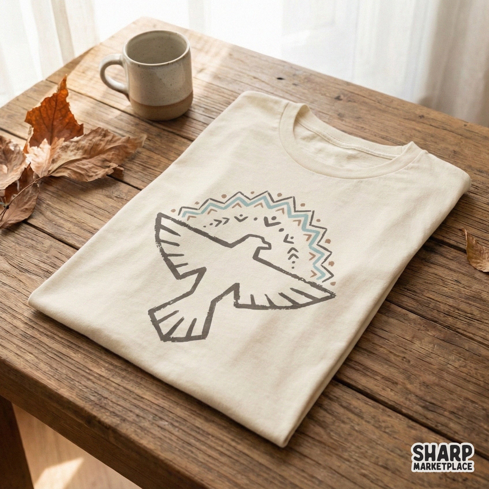 Boho tribal bird design featuring a rustic hand-drawn thunderbird and geometric folk art patterns, perfect for sublimation and custom t-shirts.
