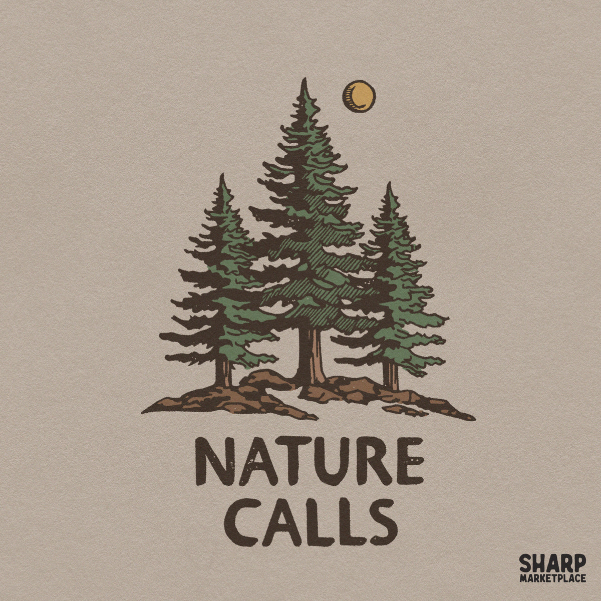 Nature calls retro pine trees and forest moon camping PNG graphic design for autumn outdoor hike t-shirts