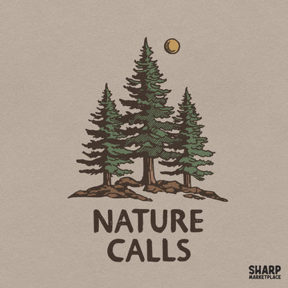 Nature calls retro pine trees and forest moon camping PNG graphic design for autumn outdoor hike t-shirts