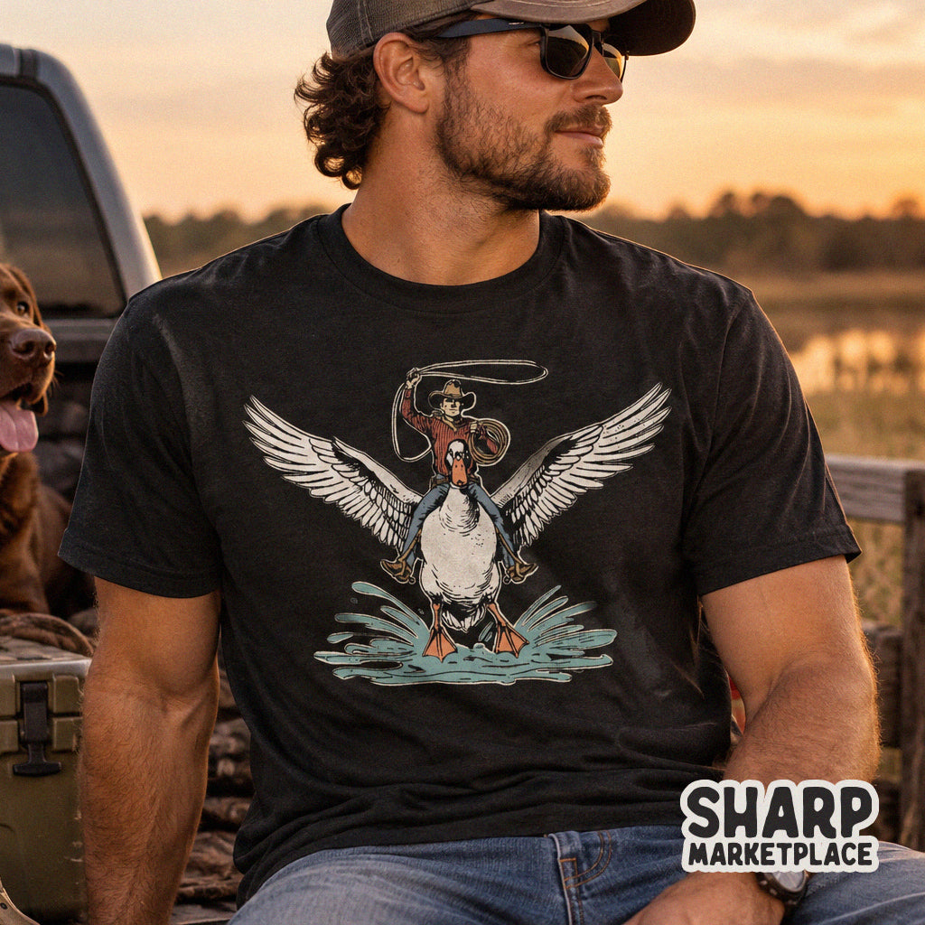 Surreal western cowboy riding a giant flying duck funny animal meme sublimation PNG design for t-shirts