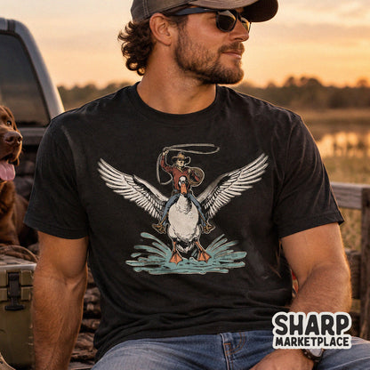 Surreal western cowboy riding a giant flying duck funny animal meme sublimation PNG design for t-shirts