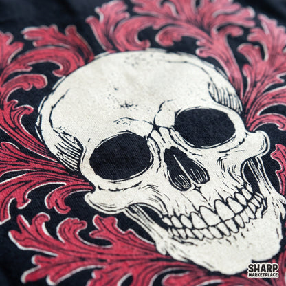 Vintage Gothic Skull Framed In Red Acanthus Leaf Filigree