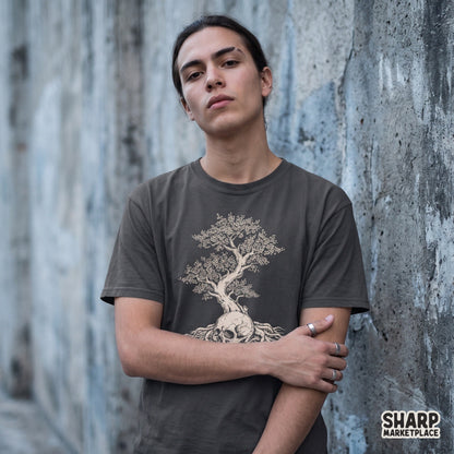 Vintage blossom tree growing from a gothic skull printable png design for spooky halloween shirts