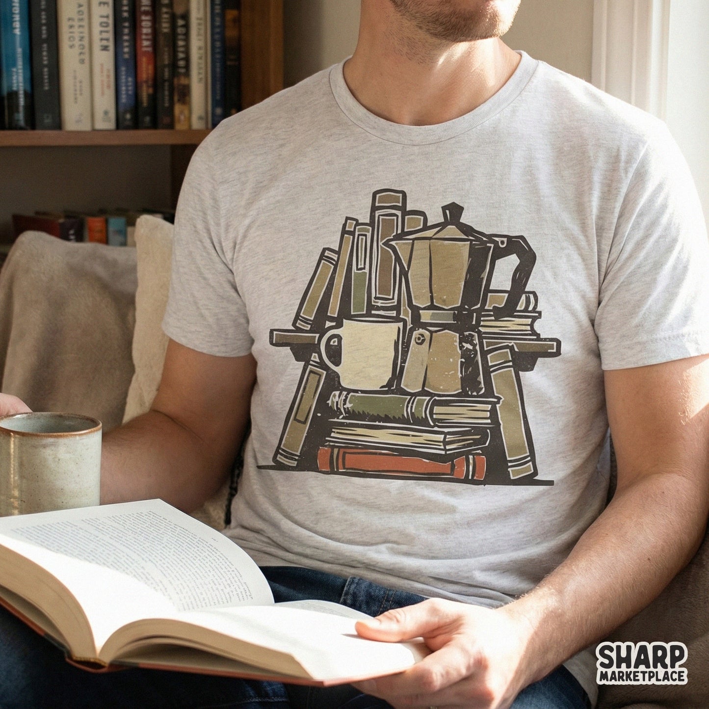 Earth-toned bookish graphic with a moka pot and stacked books, suitable for creating custom apparel, tote bags, and artistic journal stickers.