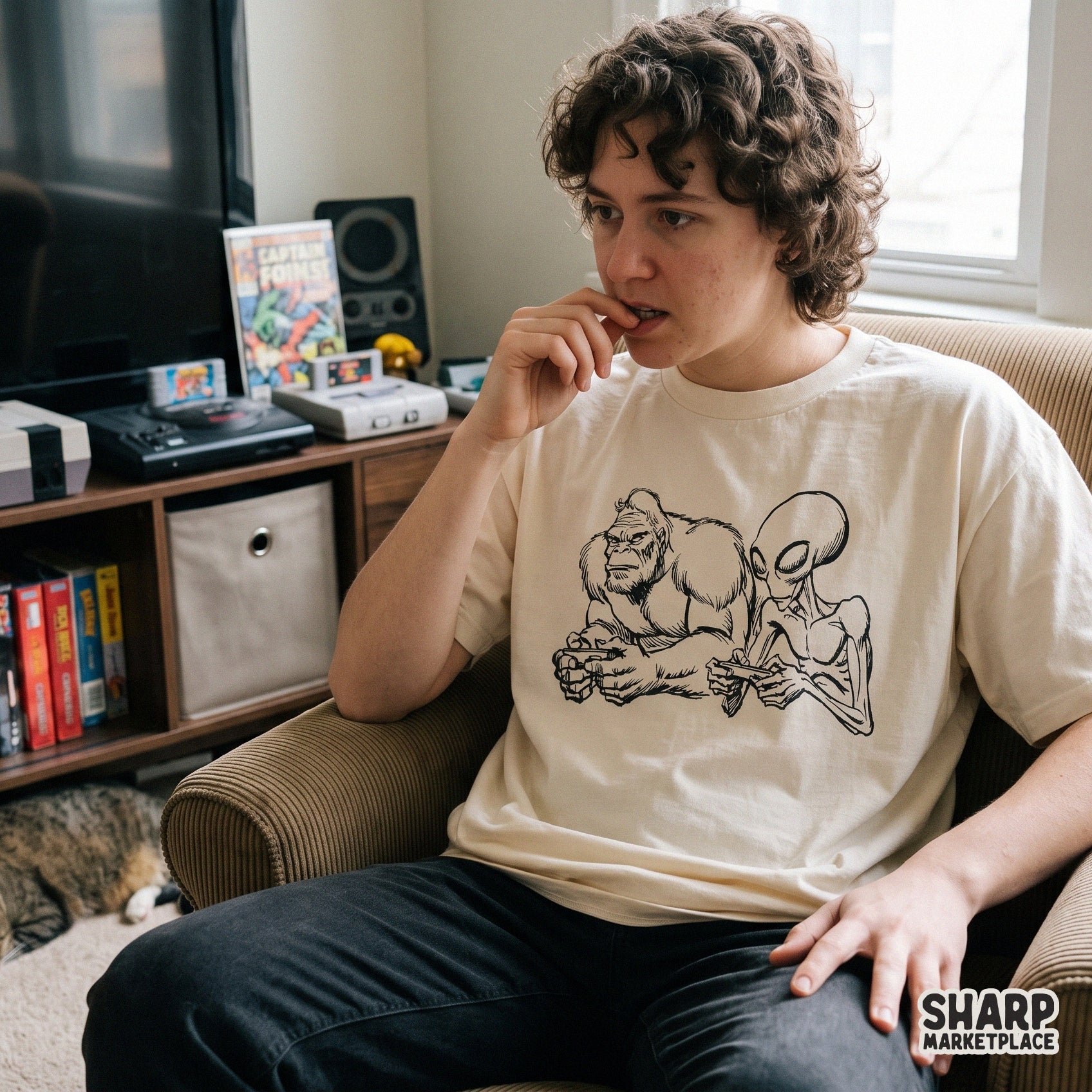 Retro vintage sketch of Bigfoot and an alien playing video games, funny gamer sasquatch and UFO gaming PNG sublimation design
