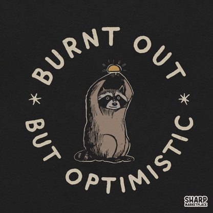 Burnt out but optimistic funny raccoon PNG design perfect for retro sarcastic t-shirts and apparel