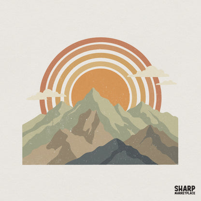 Retro mountain landscape PNG featuring layered jagged peaks in earth tones with a vintage concentric sun and minimalist clouds for DIY projects.