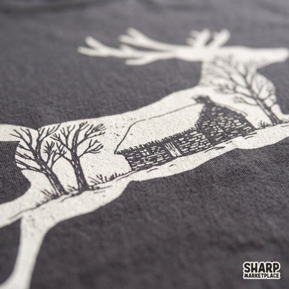 Rustic winter cabin deer silhouette sublimation design ideal for cozy Christmas apparel, t-shirts, and holiday crafts