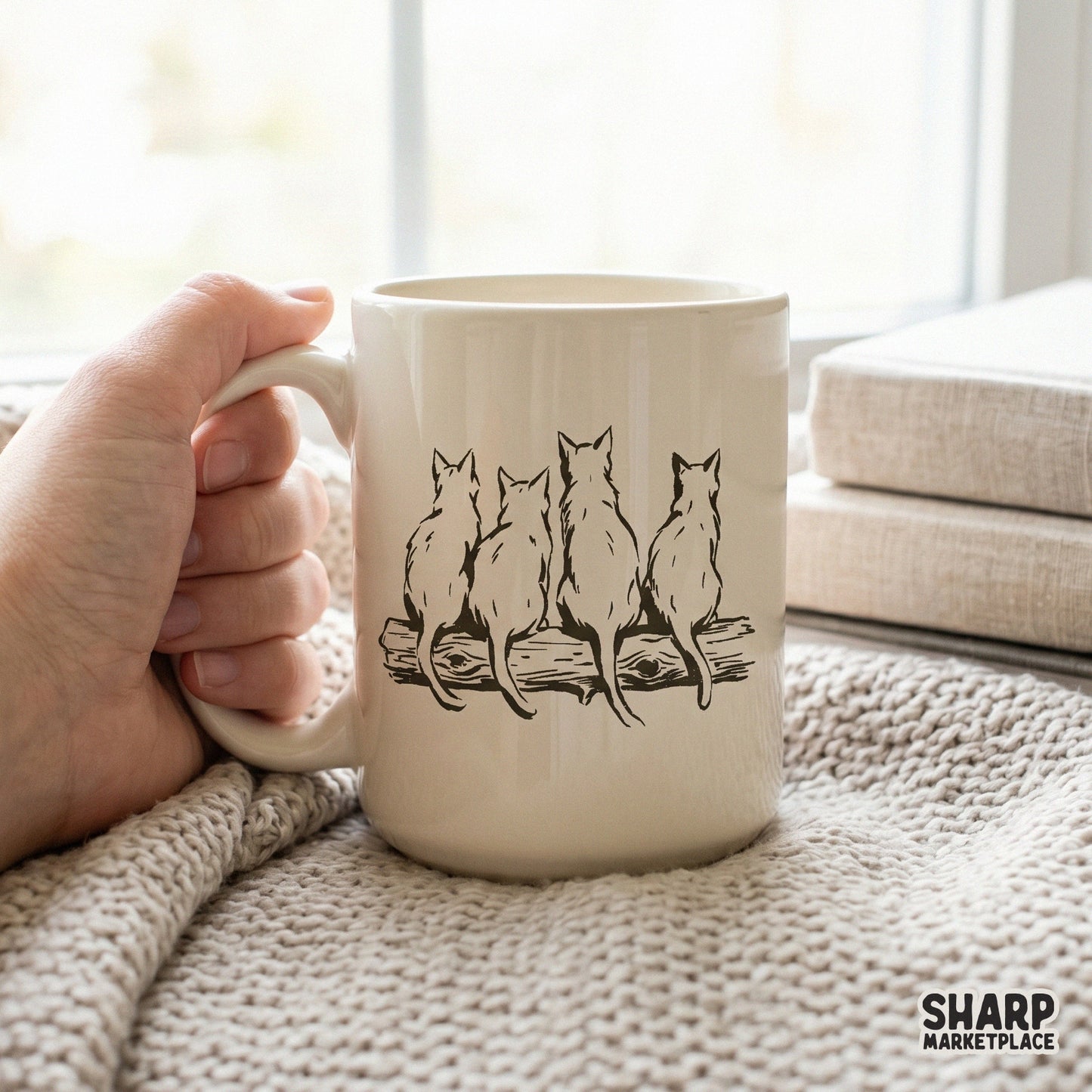 Vintage hand drawn four cats sitting on a log retro feline family shirt png graphic for animal lovers