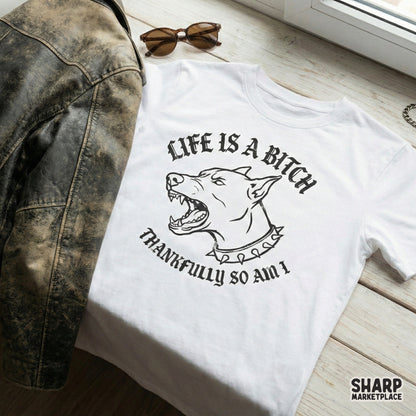 Gritty hand-drawn dog graphic with a spiked collar and bold arched lettering suitable for punk-inspired t-shirts, stickers, or tumblers.