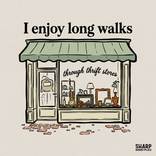 Vintage thrift store illustration with an olive green awning and antique treasures, featuring the text I enjoy long walks through thrift stores.