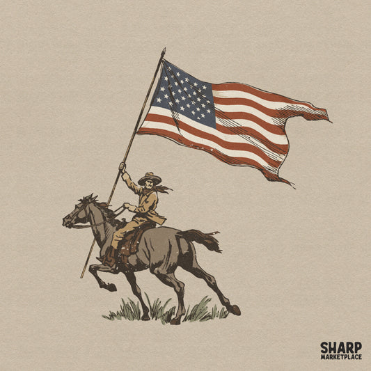 Vintage retro cowboy riding a horse holding an American flag patriotic sublimation design for western t-shirts