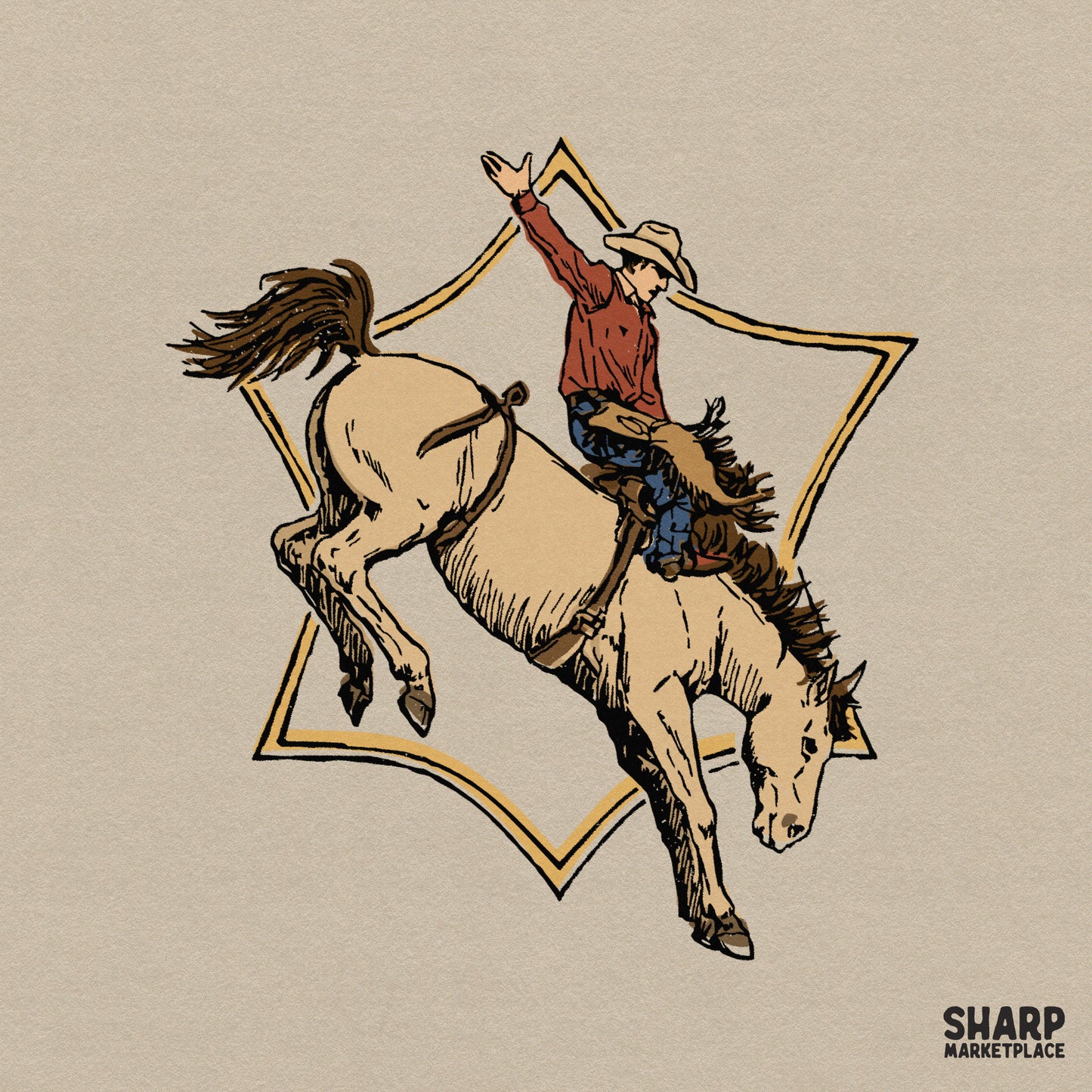 Rodeo cowboy bucking horse star PNG for trendy western sheriff badge graphic tees and retro country music apparel designs