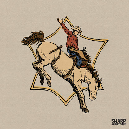 Rodeo cowboy bucking horse star PNG for trendy western sheriff badge graphic tees and retro country music apparel designs