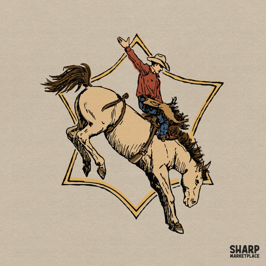 Rodeo cowboy bucking horse star PNG for trendy western sheriff badge graphic tees and retro country music apparel designs