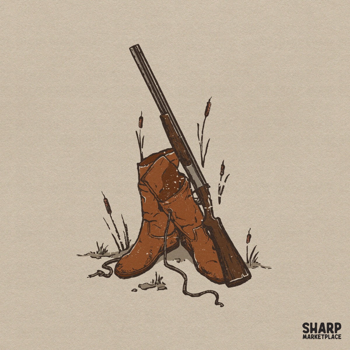 Vintage western hunting digital design featuring rustic brown leather cowboy boots leaning against a classic rifle surrounded by cattails and grass.