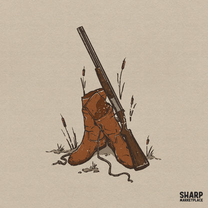 Vintage western hunting digital design featuring rustic brown leather cowboy boots leaning against a classic rifle surrounded by cattails and grass.
