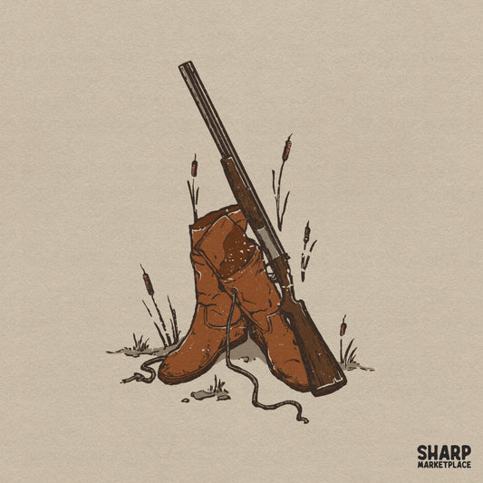 Vintage western hunting digital design featuring rustic brown leather cowboy boots leaning against a classic rifle surrounded by cattails and grass.