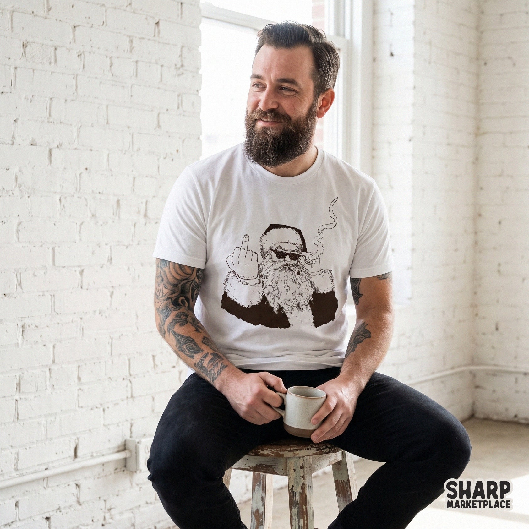 Rebel Santa smoking cigar and showing middle finger in an edgy sarcastic Christmas sublimation PNG for holiday shirts