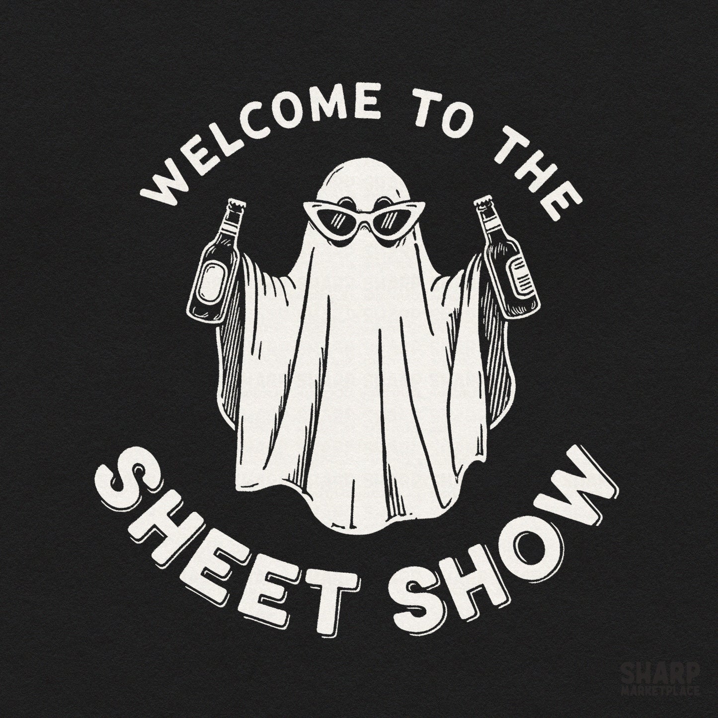 Funny retro ghost drinking beer with Welcome to the Sheet Show text for spooky season sublimation shirt designs
